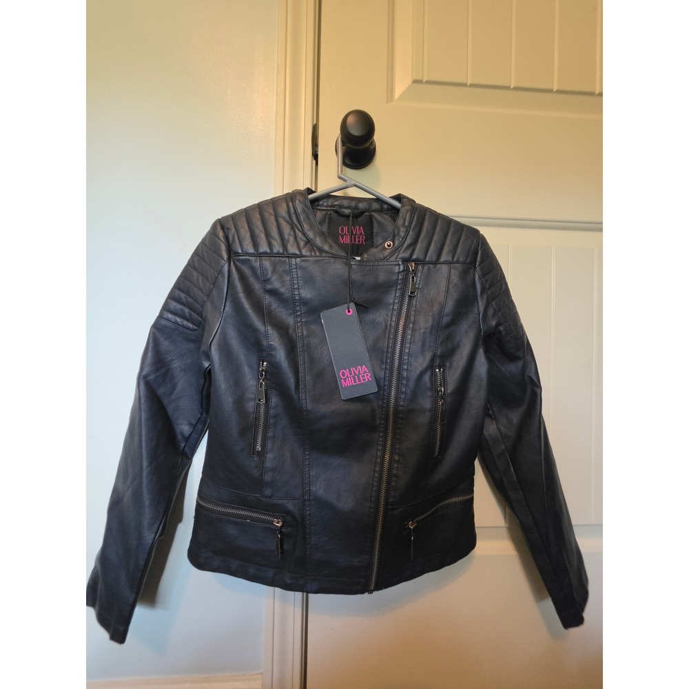 Olivia Miller Black Faux Leather Moto Jacket Quilted Shoulder Asymmetric Zip S